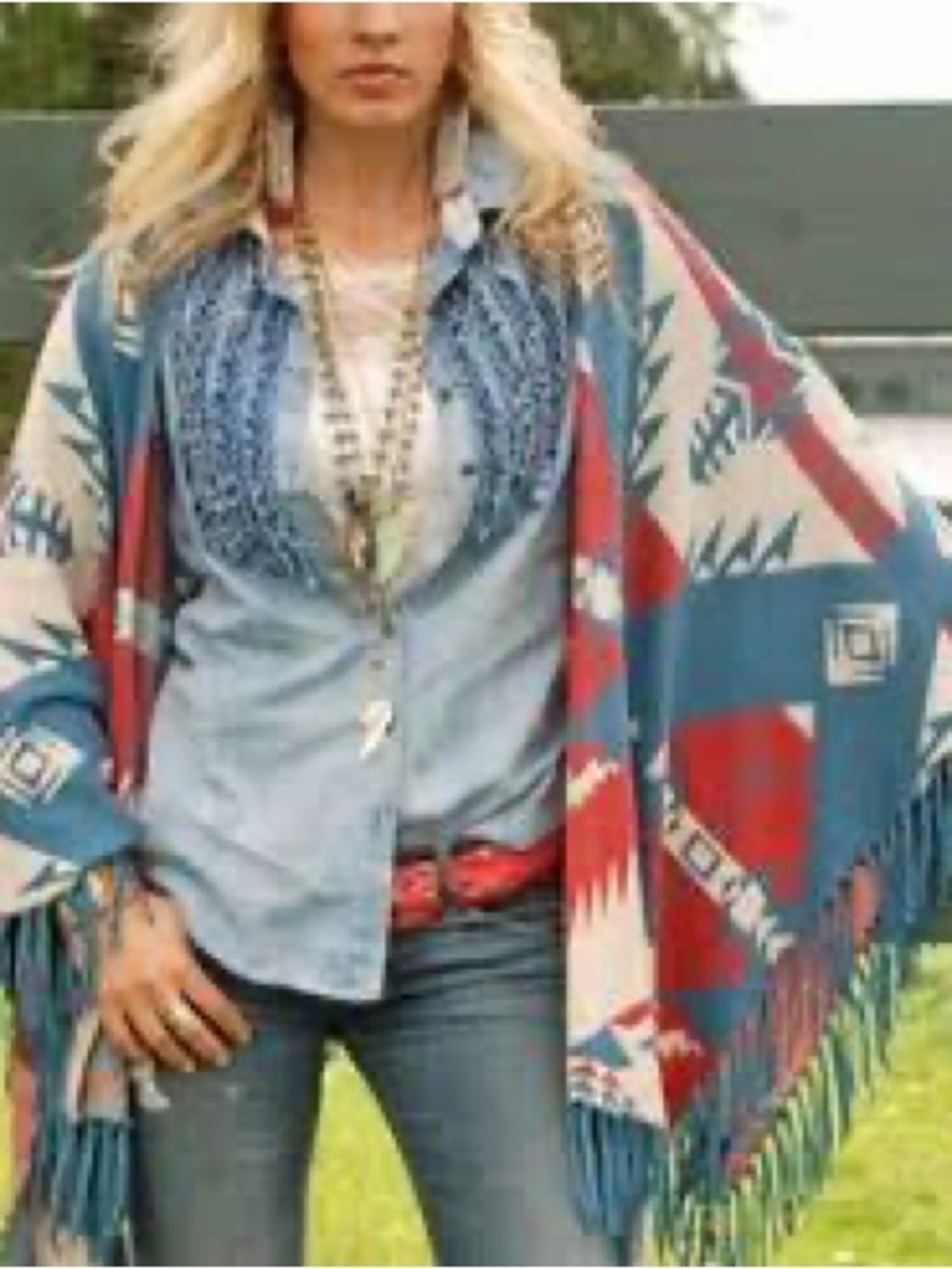 Tasha Polizzi Collection Blue Multi Cotton Geo Heritage Shawl w/Tassels Sz OS